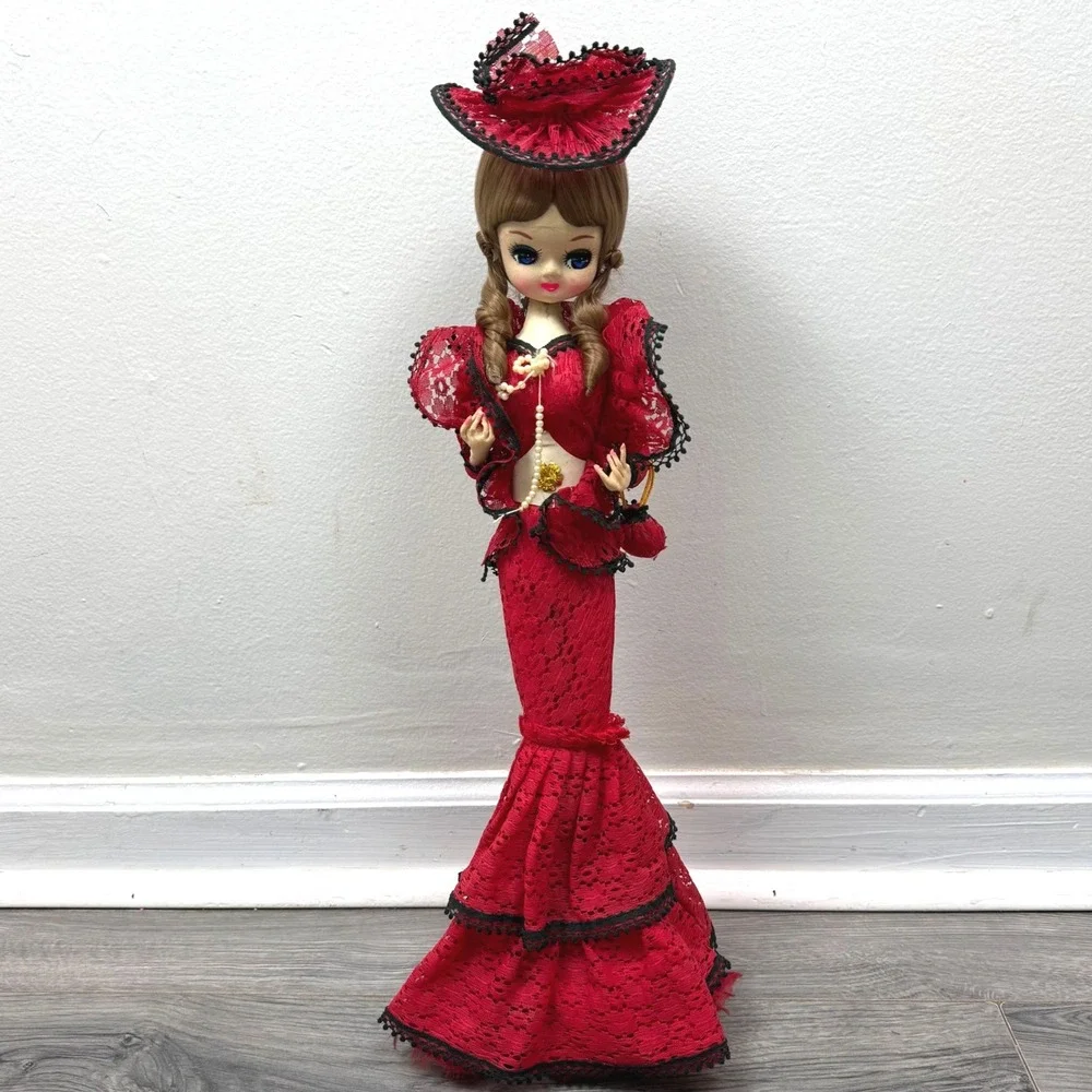 Vintage 1970s Korean Bradley Big Eye Boudoir Doll Red Lace Dress Musical